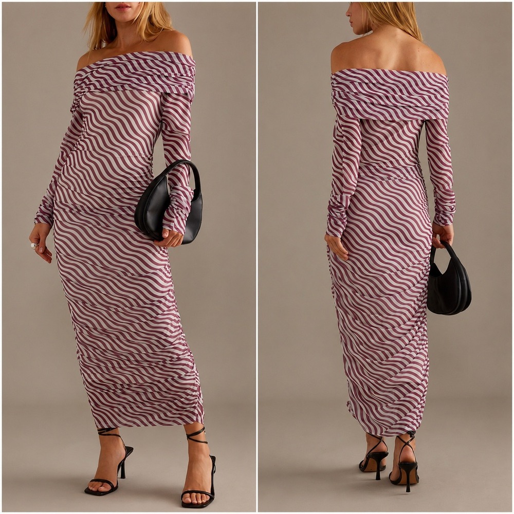 Anthropologie Off-The-Shoulder Mesh Maxi Dress Bodycon Ruched XS Pink White- NEW